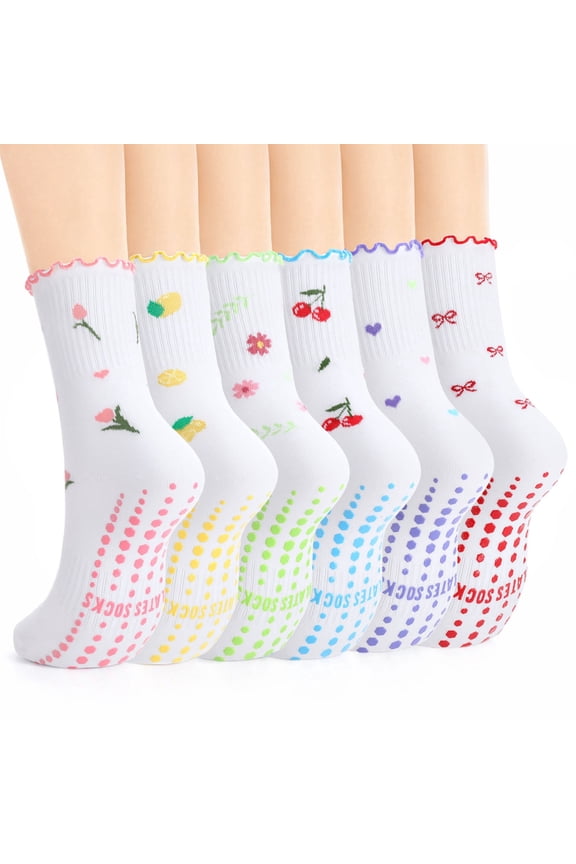 6 Pairs Pilates Crew Socks for Women, Cute Ruffle Socks with Grip, Non Slip Sticky Workout Dance Sock for Yoga Barre