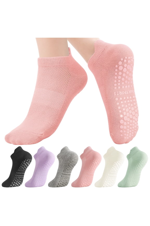 6 Pairs Pilates Socks with Grips,Cotton Content Breathable Yoga Socks for Women, Athletic Grippy Socks with Stretchable Cuff for Yoga, Pilates, Ballet, Workout, US 5.5-9.5