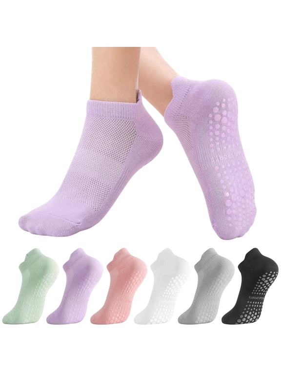 6 Pairs Pilates Socks with Grips, Women Non-Slip Yoga Socks, Cotton Breathable Grip Socks for Athletic Activities for Yoga, Pilates, Ballet, Gym Workout, US Women Size 5.5-9.5