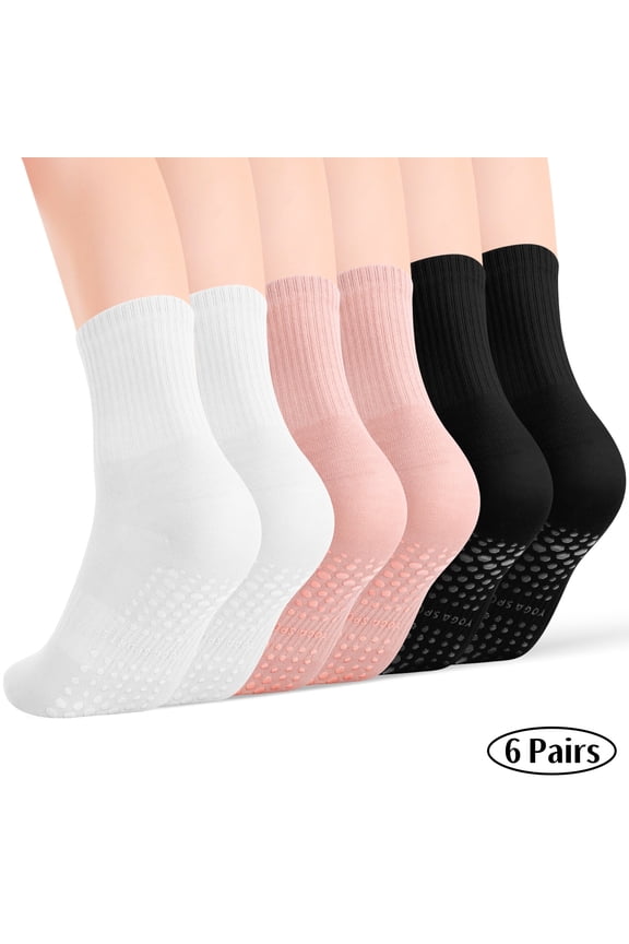 6 Pairs Non Slip Pilates Yoga Socks for Women, Arch Support & Breathable Grip Socks, Pink White Black, Size 5-9