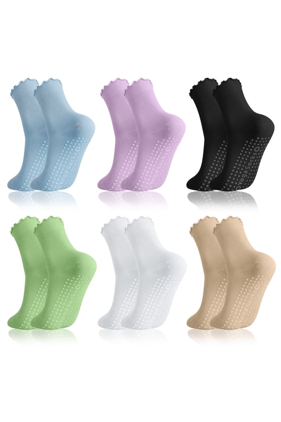 6 Pairs Ruffle Grip Pilates Socks for Women, Non-slip Yoga Socks Athletic Crew Socks for Barre Ballet Barefoot Workout Hospital 5-7.5