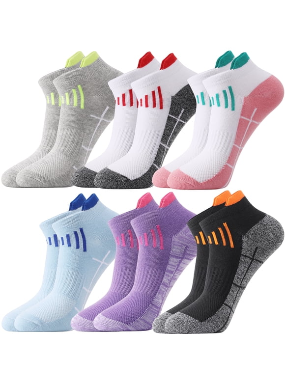 6 Pairs Running Ankle Socks Unisex, Cushioned Low-Cut Athletic Socks, Moisture Wicking Cotton Training Socks, Non-Slip Sport Socks for Walking Hiking Cycling