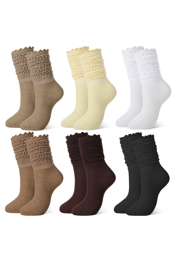 6 Pairs Slouch Socks for Women Size 6-10, Knee High Socks with Ruffle Cuff - Cotton Scrunch Socks, Soft & Breathable Long Socks for Women