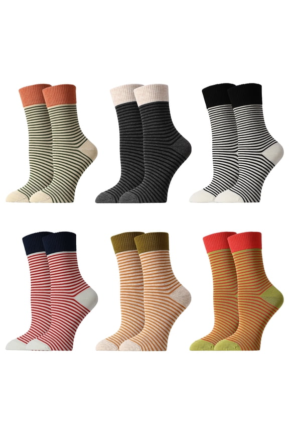 6 Pairs Striped Crew Socks for Women Girls, Retro Vintage Colorful Athletic Socks, Funny Casual Cotton Crew Socks, Cute College Style Ribbed High Ankle Socks (Sizes 6-9)