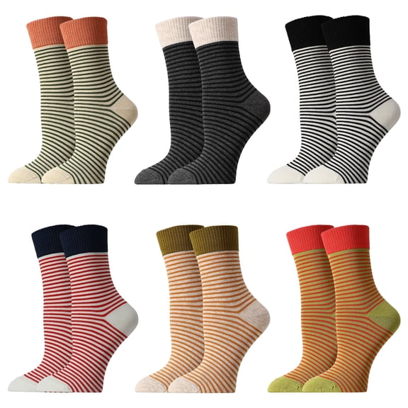 Bocaoying 6 Pairs Striped Crew Socks for Women Girls, Retro Vintage Colorful Athletic Socks, Funny Casual Cotton Crew Socks, Cute College Style Ribbed High Ankle Socks (Sizes 6-9)