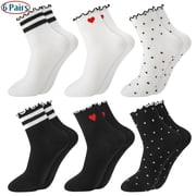 Bocaoying 6 Pairs Women Casual Ruffle Socks, Assorted Black White Ruffle Socks Girls, Breathable and Comfortable Cotton Knit Crew Sock Heart Design