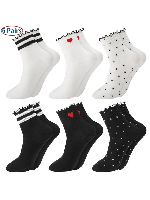 6 Pairs Women Casual Ruffle Socks, Assorted Black White Ruffle Socks Girls, Breathable and Comfortable Cotton Knit Crew Sock Heart Design