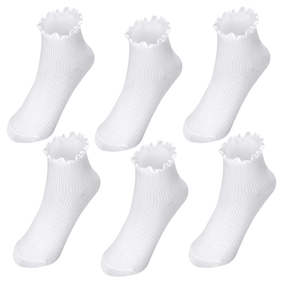 Bocaoying 6 Pairs Women’s Cotton Crew Socks – Super Soft Turn-Cuff Ruffle Frilly Design, White (fit US 6-9)