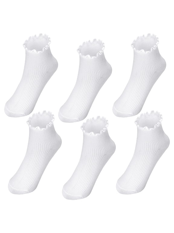6 Pairs Women’s Cotton Crew Socks – Super Soft Turn-Cuff Ruffle Frilly Design, White (fit US 6-9)