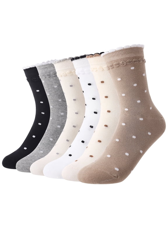 6 Pairs Women's Crew Socks, Polka Dot Socks for Women, Cotton Retro Cute Casual Socks, Mid Calf Novelty Socks, Breathable Office & Daily Wear, Size 6-12, White/Black/Gray/Beige/Brown