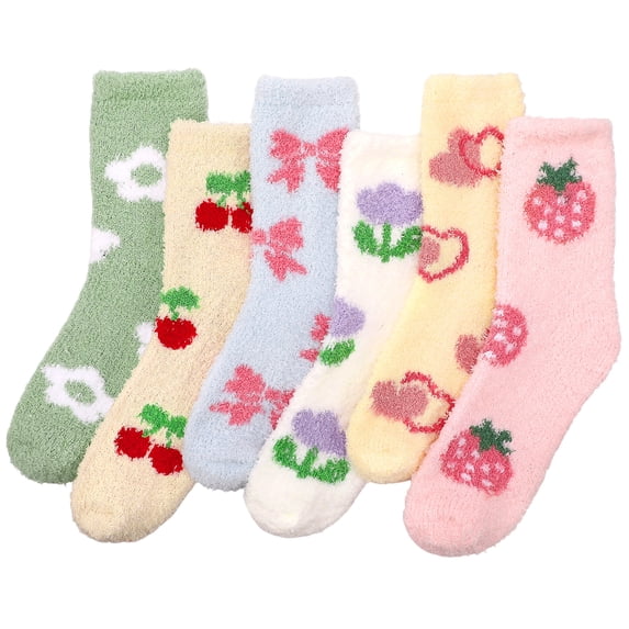 Bocaoying 6 Pairs Women‘s Fuzzy Socks - Thick Cozy Fluffy Mid-Calf Socks with Colorful Floral Patterns, Soft Warm Plush Sleep Socks for Home & Indoor Wear