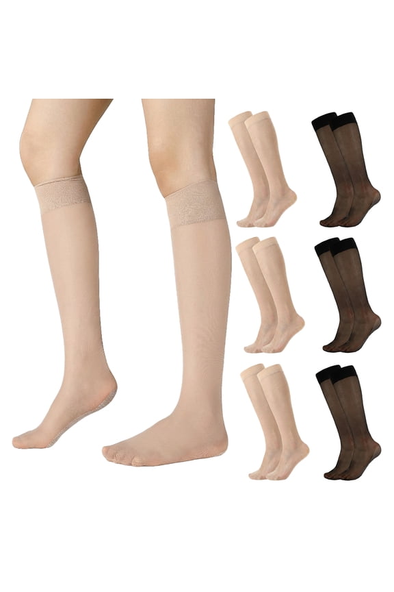 6 Pairs Women's Knee High Stockings, Cotton-Soled One Size Sheer Nylon Socks with Reinforced Toe, Wear-resistant Sheer Stockings for Everyday Wear