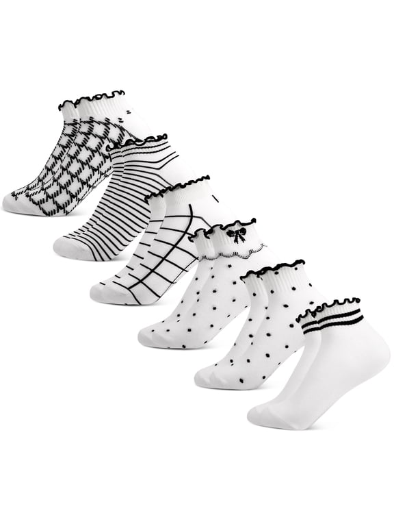 6 Pairs Women's Ruffle Ankle Socks, Lettuces Crew Socks for Women with White and Black Accent, Combed Cotton Breathable Socks with Checkered & Stripe Patterns, Size 5-9