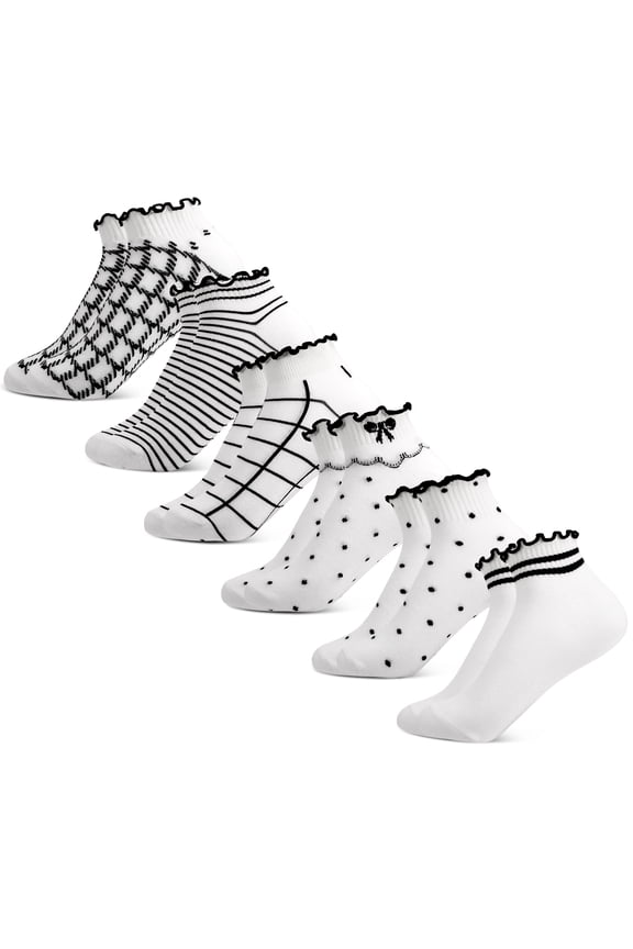 6 Pairs Women's Ruffle Ankle Socks, Lettuces Crew Socks for Women with White and Black Accent, Combed Cotton Breathable Socks with Checkered & Stripe Patterns, Size 5-9