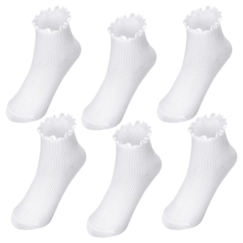 6 Pairs Women’s Cotton Crew Socks – Super Soft Turn-Cuff Ruffle Frilly Design, White (fit US 6-9)