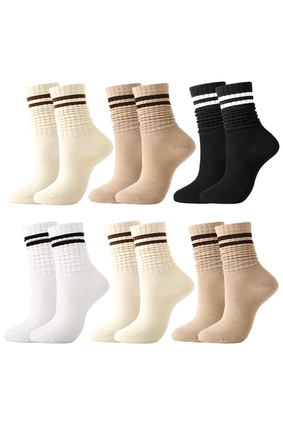 6 Pairs Women's Scrunch Slouch Socks with Grips, Breathable & Stretchy Long Casual Socks Striped Calf Non-Slip for Pilate, Barre, Yoga, Gym, US Size 5-10