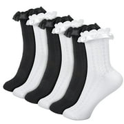 BOCAOYING 6 Pack Womens Ruffle Socks, Cute Lace Socks, White and Black Ruffle Socks, US Size 4.5-7 Comfortable Frilly Socks, Crew Dress Socks Lolita Gift for Women Girl