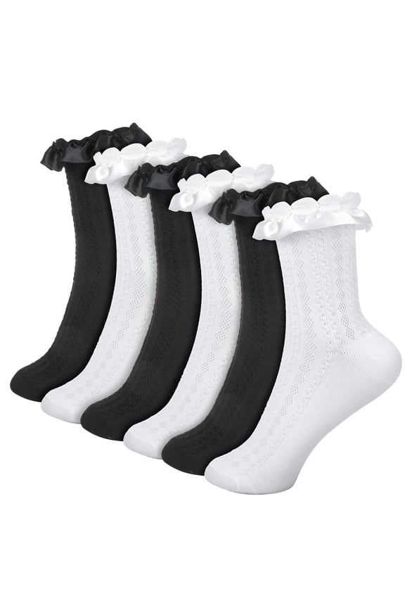6 Pack Womens Ruffle Socks, Cute Lace Socks, White and Black Ruffle Socks, US Size 4.5-7 Comfortable Frilly Socks, Crew Dress Socks Gift for Women Girl