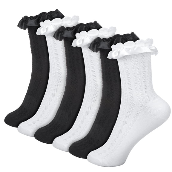 Bocaoying 6 Pack Womens Ruffle Socks, Cute Lace Socks, White and Black Ruffle Socks, US Size 4.5-7 Comfortable Frilly Socks, Crew Dress Socks Gift for Women Girl