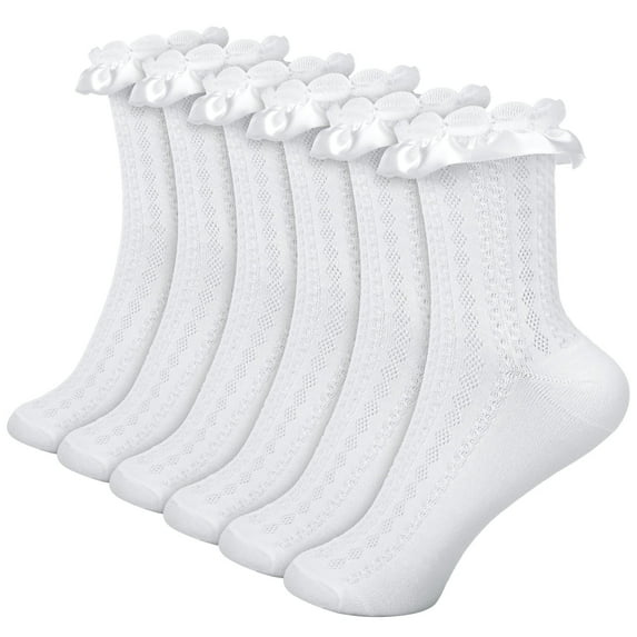 Bocaoying 6 Pack White Women's Ruffle Socks, Cute Lace Socks, Comfortable Turn-Cuff Frilly Socks, Breathable Crew Socks for Women Girl, US Size 4.5-7