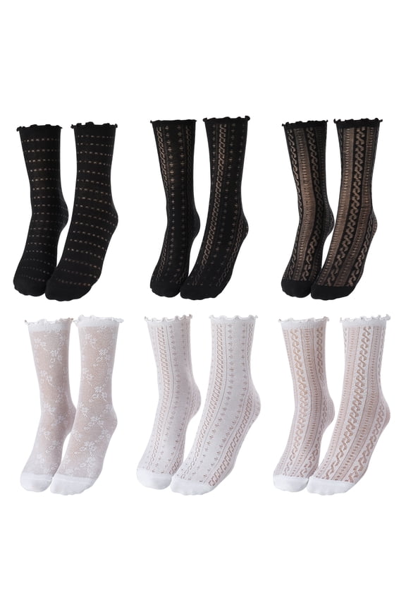 6 Pairs Womens Ruffle Socks, Breathable Frilly Socks, Cute Lace Crew Socks, Summer Thin Mesh Socks, Princess Style Lolita Socks Dress Socks for Ladies Girls (White and Black)