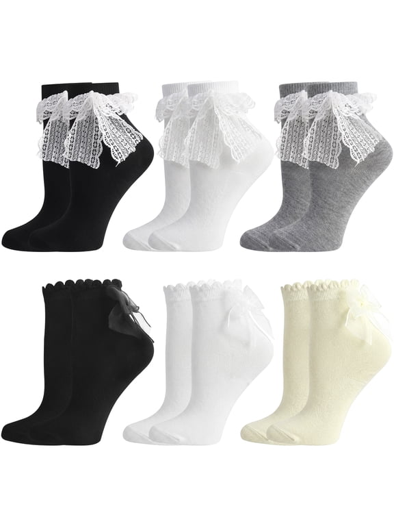 6 Pairs Womens Ruffle Socks, Cute Lace Socks with Bowties, Comfortable Frilly Socks, Lettuce Ankle Socks, Lolita Dress Socks for Mary Jane Shoes, Princess Style Gift for Ladies Girls