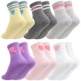 thumbnail image 1 of Bocaoying 6 Pairs of Highly Elastic Cotton Socks for Girls, 9-12 Years Pink White Crew Athletic Socks with Retro Stripes Hearts for Schoolchildren, 1 of 7