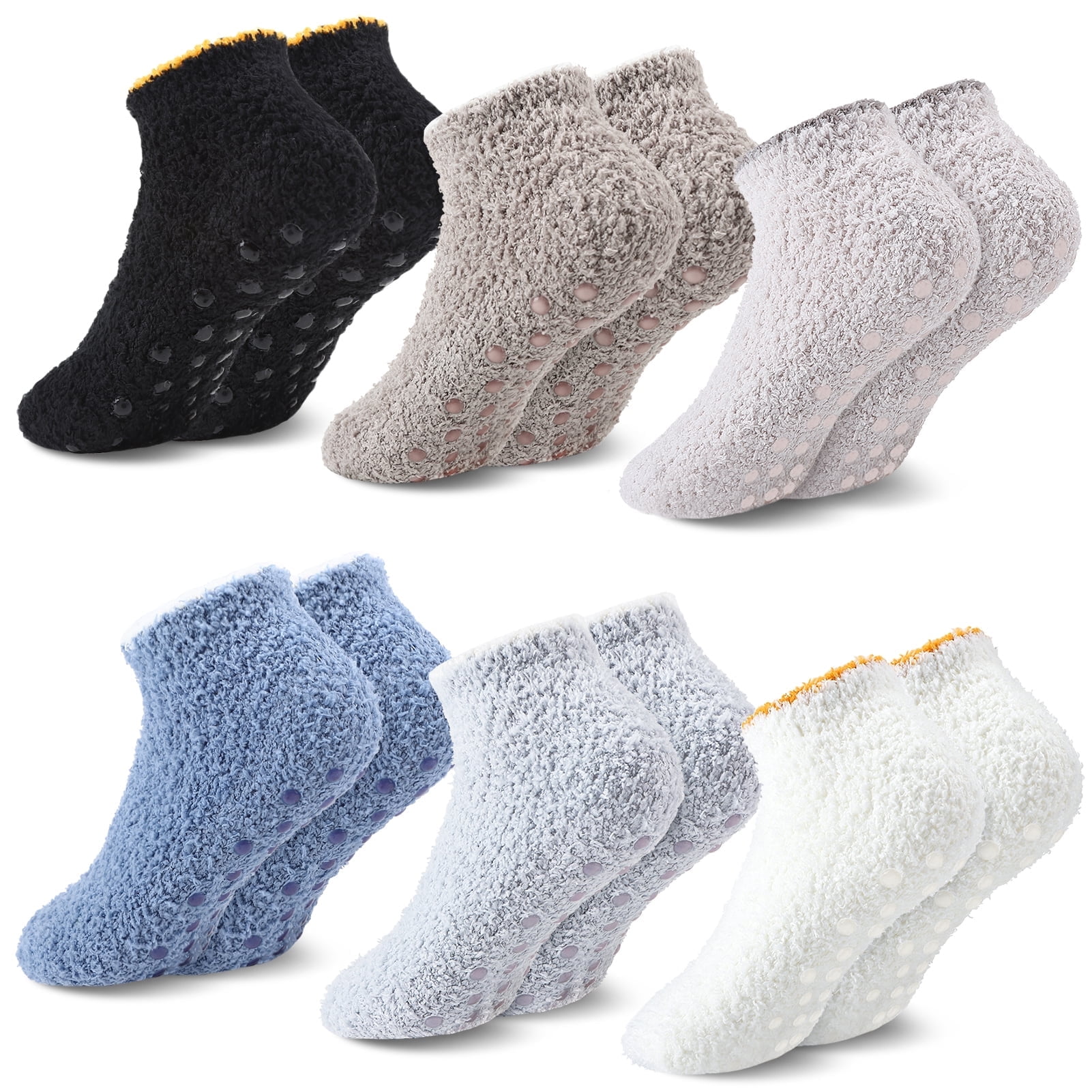 BOCAOYING 6 Paris Slipper Socks for Women with Grippers, Non Slip Fuzzy Socks with Grips, Cozy Soft Fluffy Socks for Women Home Hospital and Travel, US Size 5.5-8.5