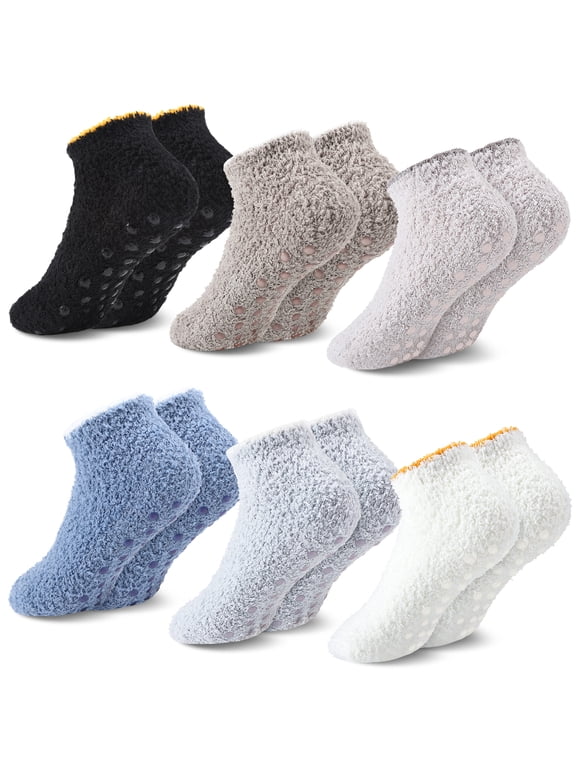 6 Paris Slipper Socks for Women with Grippers, Non Slip Fuzzy Socks with Grips, Cozy Soft Fluffy Socks for Women Home Hospital and Travel, US Size 5.5-8.5