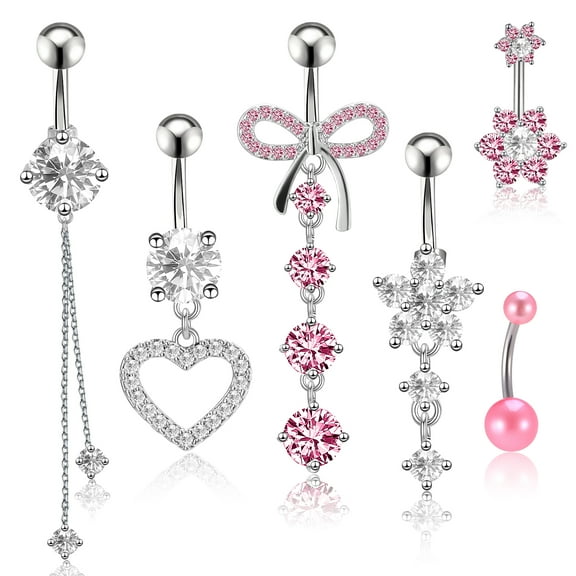 Bocaoying 6 Pcs Belly Button Ring for Women, Belly Button Piercing Jewelry, Dangle Belly Button Rings, Stainless Steel Navel Rings, Cute Heart-Shaped Bow Flower Pregnancy Belly Rings