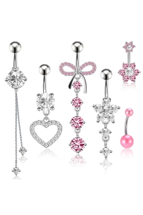 6 Pcs Belly Button Ring for Women, Belly Button Piercing Jewelry, Dangle Belly Button Rings, Stainless Steel Navel Rings, Cute Heart-Shaped Bow Flower Pregnancy Belly Rings