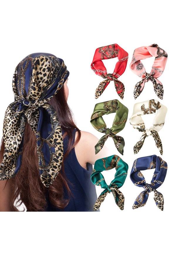 6 Pcs Leopard Chain Print Headscarf Set, Silky Soft Square Scarf, Versatile Fashion Elegant Wrap 35x35 Inches for Women Daily Wear or Special Occasions