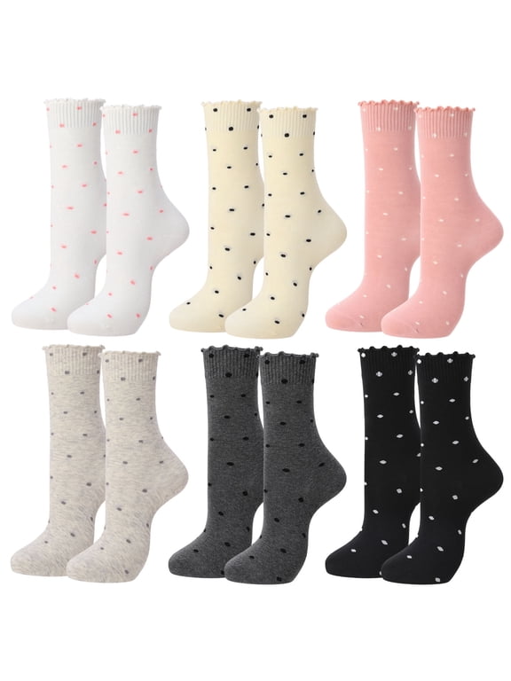 6 Pcs Ruffle Cotton Socks for Women, Polka Dot Socks, Cute Lettuces Ankle Socks for Ladies, Breathable Lightweight Casual Socks for Outside, Dailywear, Black/Gray/Pink/White/Yellow, 6-8.5