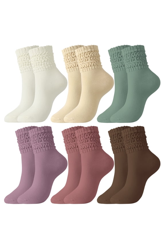 6 Pcs Women's Slouch Socks, Cotton Scrunch Boot Socks for Women, Ultra Soft and Breathable Crew Socks, Size 5-10, White/Burgundy/Brown/Tan/Teal/Purple
