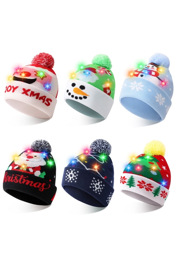 6Pack LED Christmas Hat, Christmas Light-up Beanie Knit Hats, Colorful Flashing Cap Winter Snow Hat for Holiday Xmas Christmas Ugly Sweater New Years Party Supplies