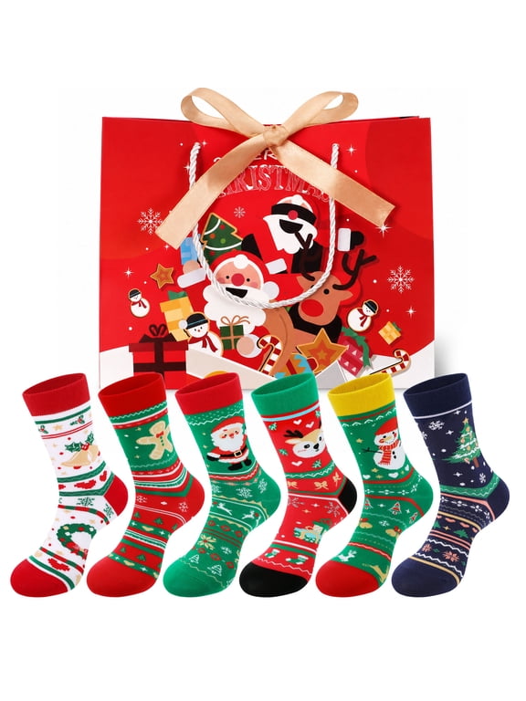 6Pairs Christmas Fuzzy Socks for Women, Winter Warm Cosy Holiday Slipper Socks with Gift Bag, Warm Thick Thermal Soft Socks for Women Indoor Warming Christmas Gifts