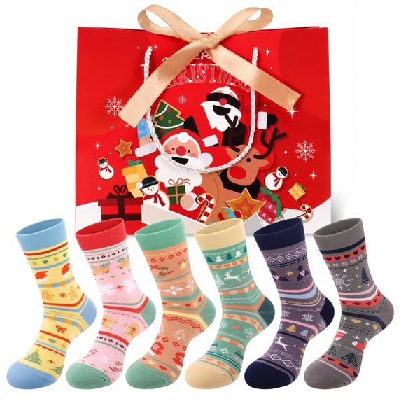 Bocaoying 6Pairs Christmas Fuzzy Socks for Women, Winter Warm Cosy Holiday Slipper Socks with Gift Bag, Warm Thick Thermal Soft Socks for Women Indoor Warming Christmas Gifts
