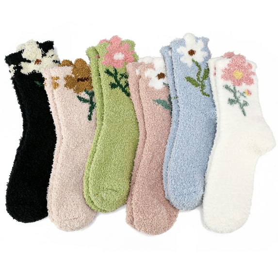 Bocaoying 6Pairs Womens Fuzzy Socks, Winter Printed Warm Socks, Soft Cozy Fluffy Slipper Socks, Winter Thick Warm Plush Sleeping