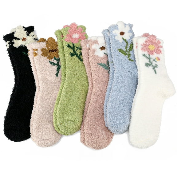 Bocaoying 6Pairs Womens Fuzzy Socks, Winter Printed Warm Socks, Soft Cozy Fluffy Slipper Socks, Winter Thick Warm Plush Sleeping