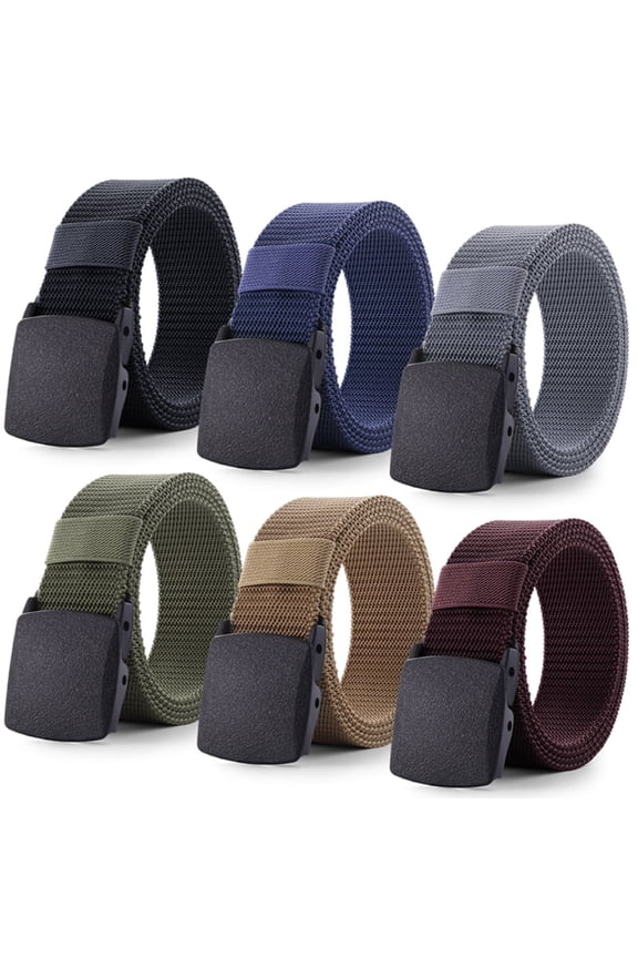 6 Pack Men's Canvas Belts - 47" (120cm) Quick-Release Work Belts w/Flip-Top Nickel Buckle, Fits Up to 38-42" Waist, TSA-Friendly for Airport Security