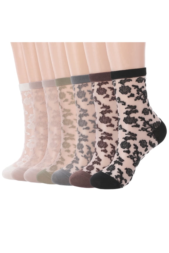 7 Pairs Sheer Socks for Women, Nylon Mesh Ankle Fancy Socks with Reinforced Heel and Toe, Breathable Dress Socks for Women, Size 5-9, Black/Coffee/Green/Gray/Khaki/Pink/White