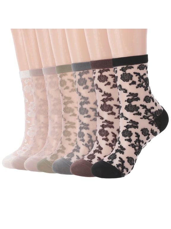 7 Pairs Lace Socks Sheer Socks for Women, Nylon Mesh Ankle Fancy Socks with Reinforced Heel and Toe, Breathable Dress Socks for Women, Size 5-9, Multicolor