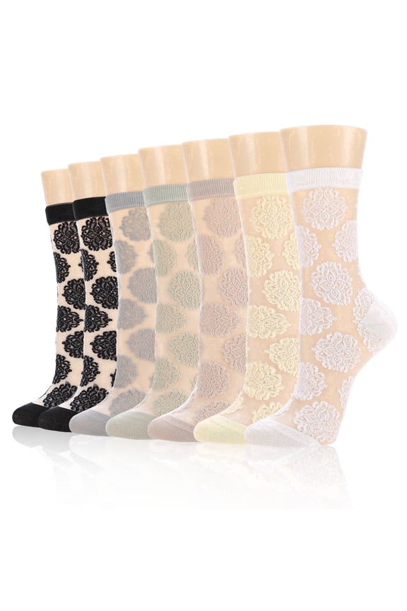 7 Pairs Sheer Socks for Women, Embroidered Lace Socks, Nylon Mesh Ankle Fancy Socks with Reinforced Heel and Toe, Breathable Dress Socks for Women, Size 5-9, Multicolor