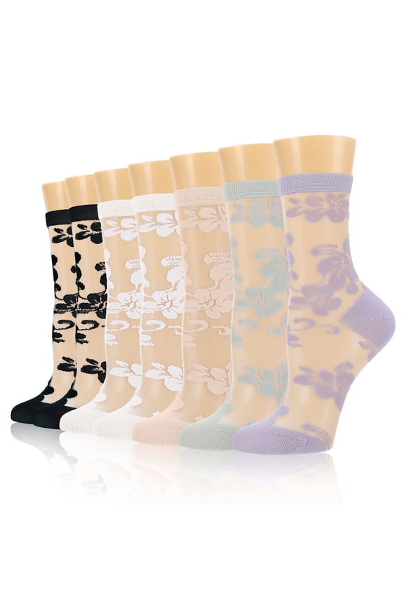 7 Pairs Sheer Socks for Women, Nylon Mesh Ankle Fancy Socks with Reinforced Heel and Toe, Breathable Dress Socks for Women, Size 5-9, Black/White/Purple/Avocado Green/Skin Color