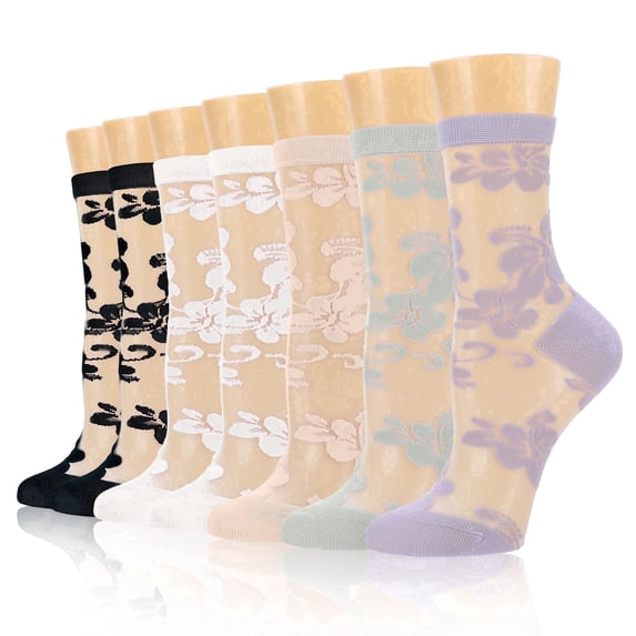 Bocaoying 7 Pairs Women's Sheer Ankle Socks, Embroidered Lace Socks, Fancy Nylon Mesh Socks with Reinforced Heel Toe, Black/White/Purple, US 5-9