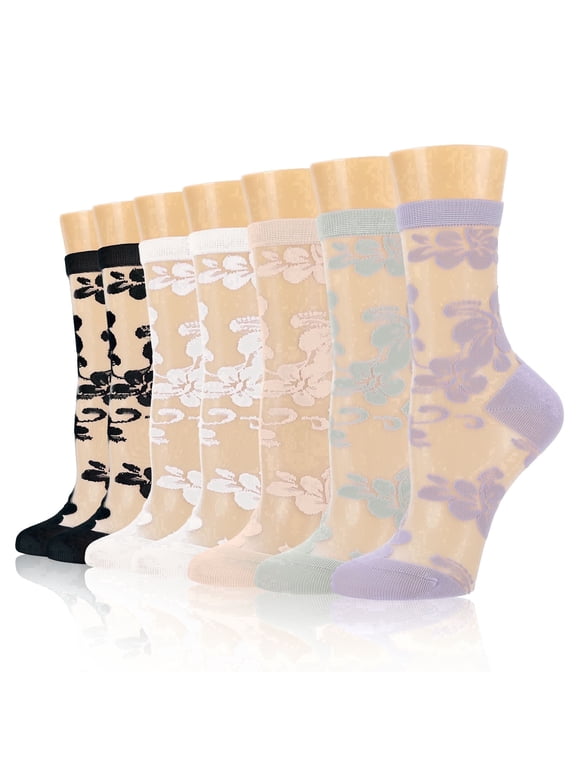 7 Pairs Women's Sheer Ankle Socks, Embroidered Lace Socks, Fancy Nylon Mesh Socks with Reinforced Heel Toe, Black/White/Purple, US 5-9