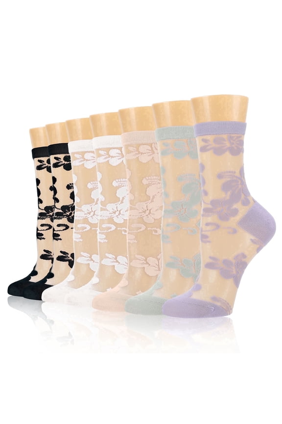 7 Pairs Women's Sheer Ankle Socks, Fancy Nylon Mesh Socks with Reinforced Heel Toe, Black/White/Purple, US Size 5-9