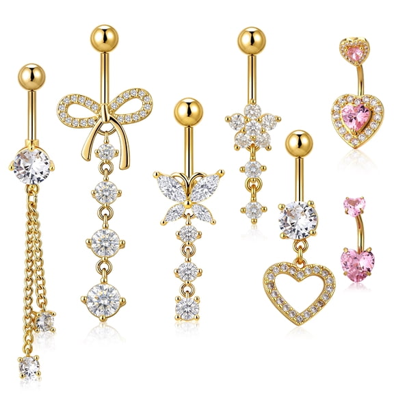 Bocaoying 7 Pcs Belly Button Ring for Women, Belly Button Piercing Jewelry, Dangle Belly Button Rings, Stainless Steel Navel Rings, Cute Heart-Shaped Bow Flower Pregnancy Belly Rings