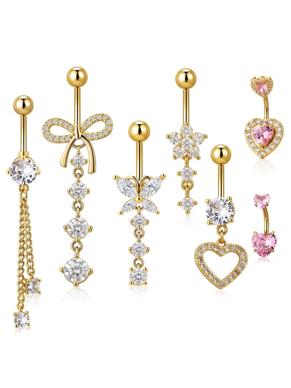 7 Pcs Belly Button Ring for Women, Belly Button Piercing Jewelry, Dangle Belly Button Rings, Stainless Steel Navel Rings, Cute Heart-Shaped Bow Flower Pregnancy Belly Rings
