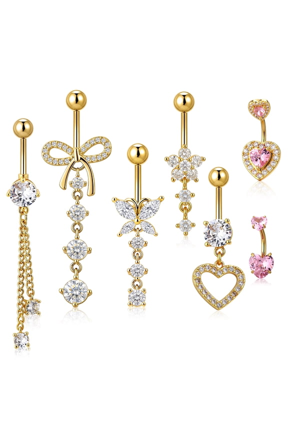 7 Pcs Belly Button Ring for Women, Belly Button Piercing Jewelry, Dangle Belly Button Rings, Stainless Steel Navel Rings, Cute Heart-Shaped Bow Flower Pregnancy Belly Rings